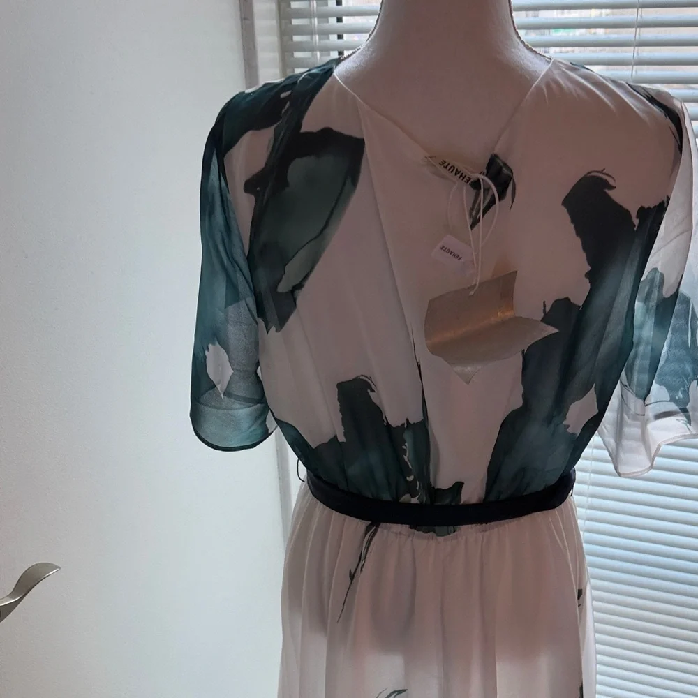 White Maxi Dress with Green Brushstroke Print and Black Tie
